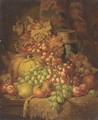 Grapes, apples, pears, plums, a gourd, and a stoneware tankard, on a ledge - Charles Thomas Bale