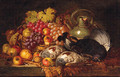Grapes, Apples, Pears, Dead Game, A Wicker Basket And Stoneware Jug, On A Wooden Ledge - Charles Thomas Bale