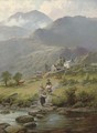 Washing laundry in the river, a mountainous landscape and farmstead beyond - Charles Stuart