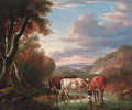 A mountainous river landscape with cattle watering by a pool - Charles Towne