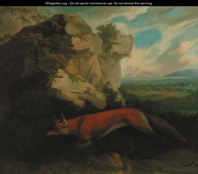 A fox by a rocky outcrop, a hunt beyond - Charles Towne