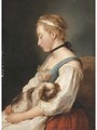 Portrait of a young woman, half-length, holding a spaniel - Charles-Francois Hutin
