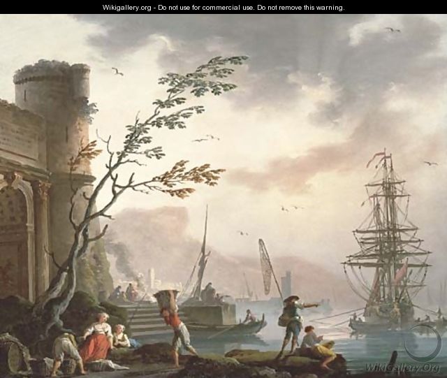 A Mediterranean port with fishermen on the shore - Charles Francois Lacroix de Marseille