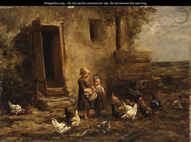 Children feeding the chickens - Charles Émile Jacque