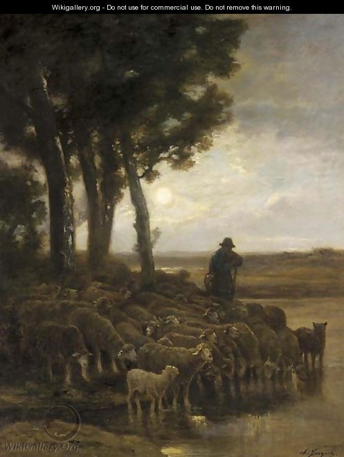 A Shepherd and his Flock in a Moonlight Landscape - Charles Émile Jacque