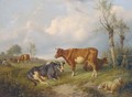 A shepherd and his dog with cattle and sheep in a field - Charles Émile Jacque
