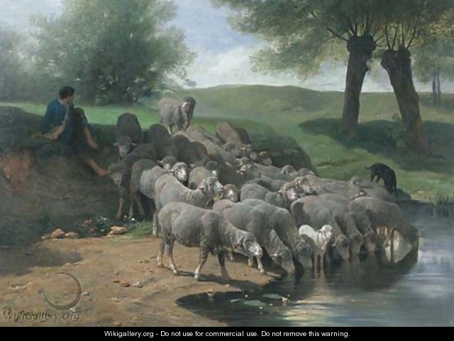 Un berger se reposant avec ses moutons - Charles Émile Jacque