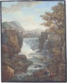 An extensive mountainous landscape with a waterfall by a town, peasants fishing and gathering wood in the foreground - Charles-Louis Clerisseau