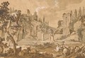 A view of the Pincian Hill with ruins, a woman on horseback, a cart, animals and figures in the foreground - Charles Joseph Natoire