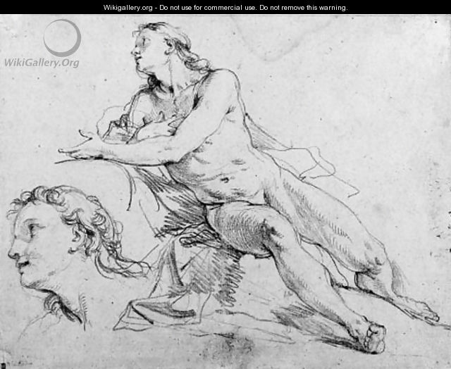 A reclining nude gesturing in profile to the left, with a subsidiary study of the head - Charles Joseph Natoire