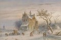 Skaters on the ice by a mansion - Charles Henri Leickert