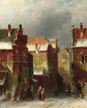 Numerous townsfolk in a street in winter - Charles Henri Leickert