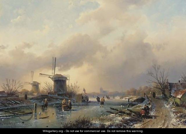 Figures on the ice by a koek en zopie, a country road leading to a town in the distance - Charles Henri Leickert