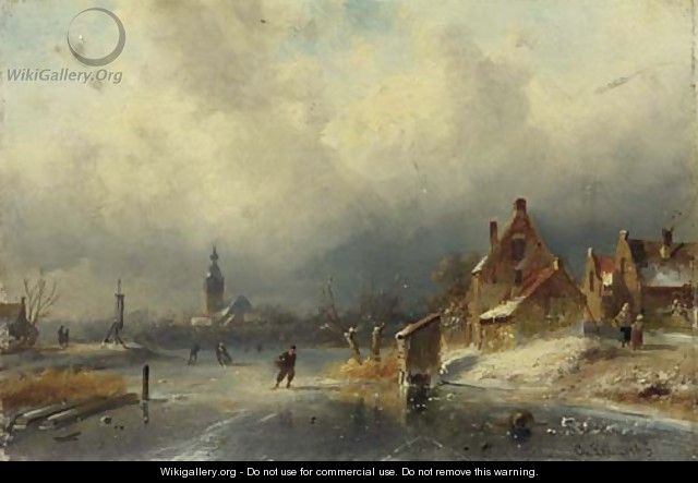 Figures on the ice by a Dutch town - Charles Henri Leickert