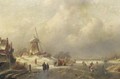 Figures and a koek en zopie on the ice by a windmill - Charles Henri Leickert