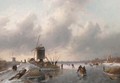 An extensive winter landscape at dusk with skaters on the ice and a koek and zopie in the distance - Charles Henri Leickert