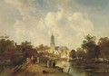 Along the river in summer, a town beyond - Charles Henri Leickert