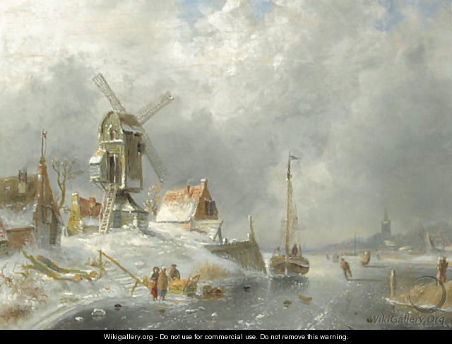 A winter landscape with figures on the ice - Charles Henri Leickert