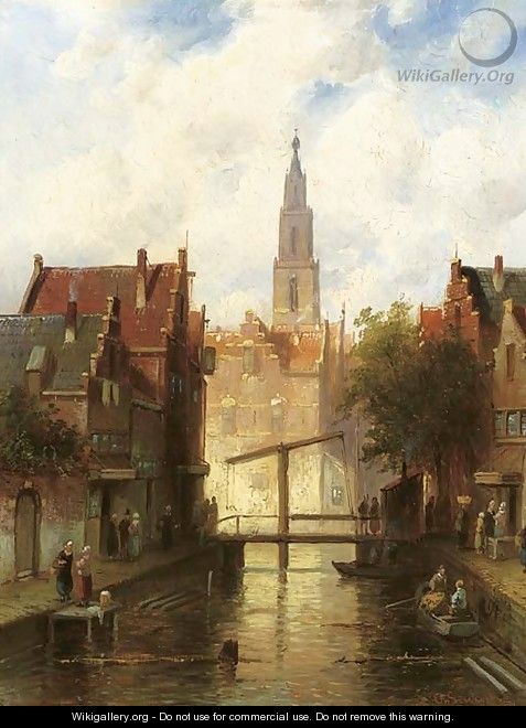 A view of a town with figures by a drawbridge - Charles Henri Leickert