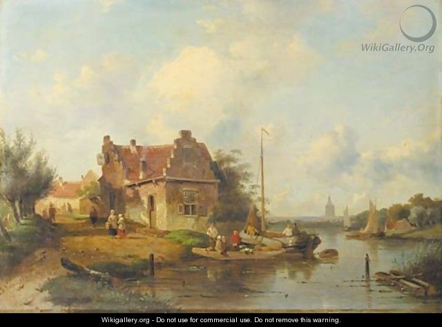 A river landscape with a ferry, a town beyond - Charles Henri Leickert