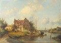 A river landscape with a ferry, a town beyond - Charles Henri Leickert
