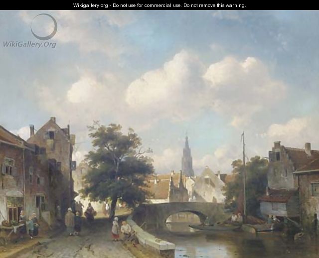 A canal in a sunlit Dutch town - Charles Henri Leickert