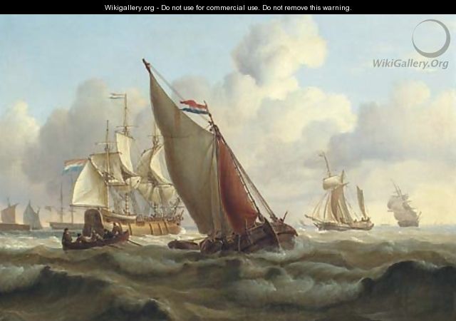 Busy shipping lanes off a harbour with a three-masked Dutch merchantman hove-to to take on the pilot - Charles Martin Powell