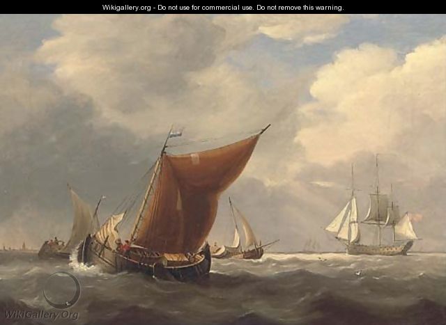 An English flagship heaving-to off the Dutch coast with barges inshore - Charles Martin Powell