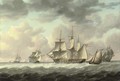 A frigate heaving-to in the Channel amidst other ships of her squadron, with an armed cutter, probably carrying despatches or fresh orders - Charles Martin Powell