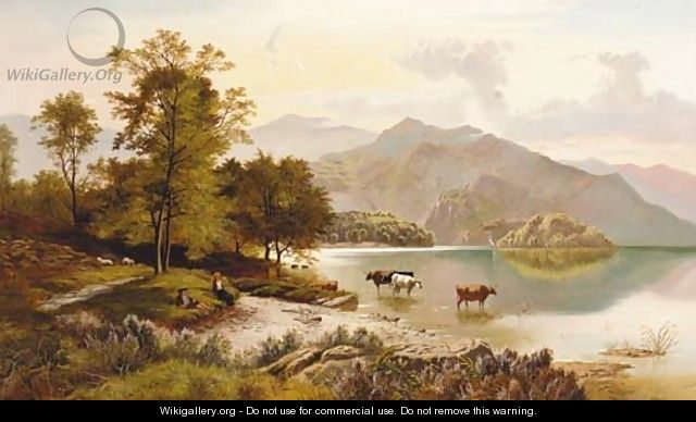 Figures resting by a lake with cattle watering in a mountainous landscape - Charles Leslie