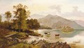 Figures resting by a lake with cattle watering in a mountainous landscape - Charles Leslie