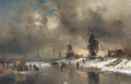 Windmills along a frozen waterway with a 'koek en zopie' - Charles Henri Leickert