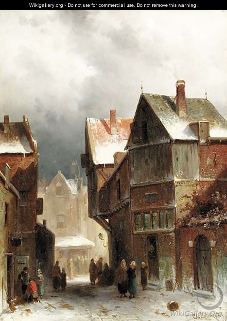 Townsfolk on a snowy street - Charles Henri Leickert