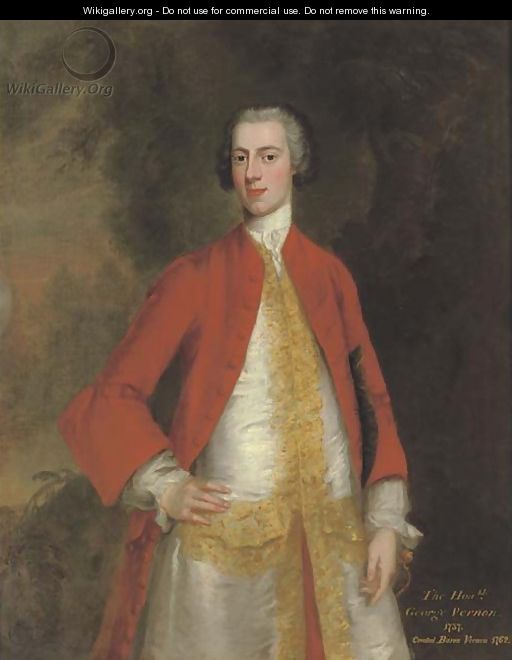 Portrait of George, 1st Baron Vernon of Sudbury, Derbyshire (b. 1707-8), three-quarter-length, in a red coat and white waistcoat with gold trim - Charles Philips