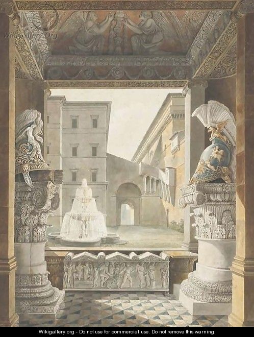 A Roman courtyard seen from a loggia decorated with antique helmets on composite columns and a sarcophagus - Charles Percier