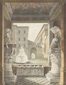 A Roman courtyard seen from a loggia decorated with antique helmets on composite columns and a sarcophagus - Charles Percier