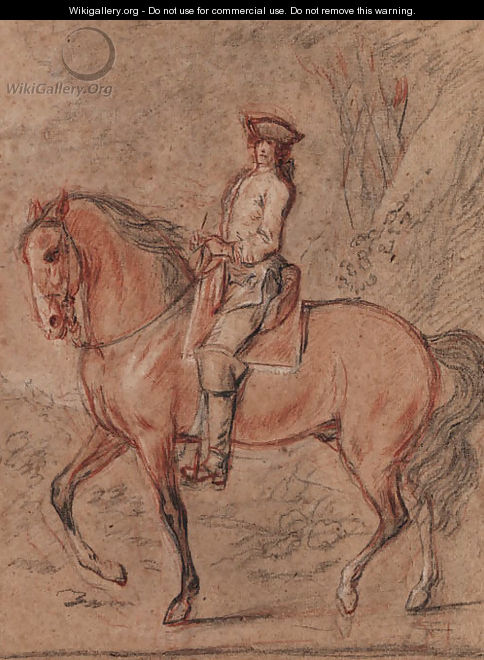 A gentleman wearing a tricorn hat on horseback in a landscape A study for an equestrian portrait of King Louis XV - Charles Parrocel