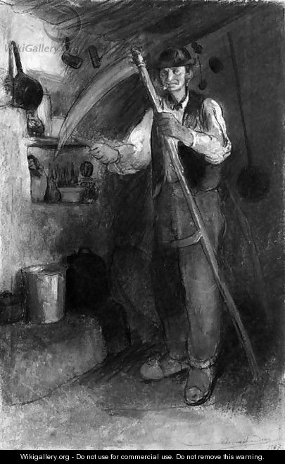 An old peasant in a interior, sharpening his scythe - Charles Milcendeau