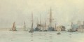 Hulks and other shipping moored at a wharf - Charles Edward Dixon