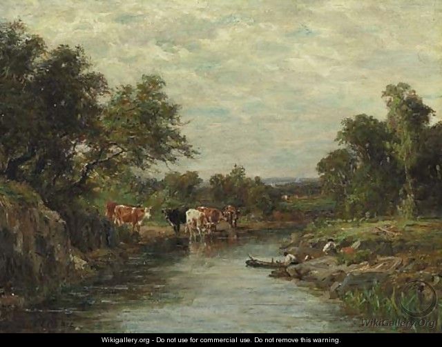 Cows Watering by Figures in a Canoe - Charles Franklin Pierce