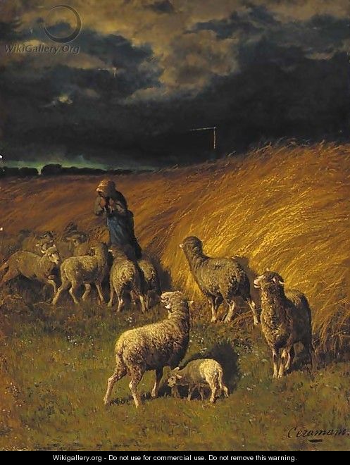 A sheperdess with her flock before a storm - Charles Ferdinand Ceramano