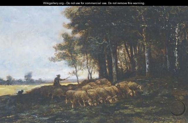 A shepherd and his flock at the edge of a forest - Charles Émile Jacque