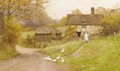 A milkmaid and geese before a cottage in a wooded landscape - Charles Edward Wilson