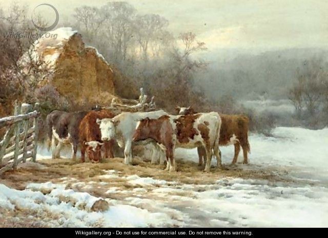 Wintertime, cattle by a fence - Charles James Adams