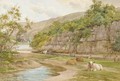 Cattle resting on the banks of a river with a fisherman beyond - Charles James Adams
