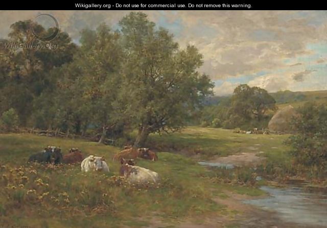Cattle resting by a brook - Charles James Adams