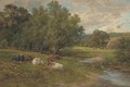 Cattle resting by a brook - Charles James Adams