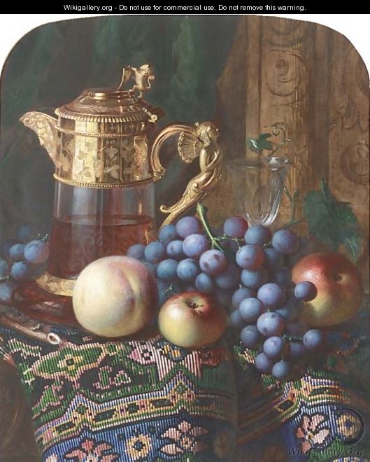 Still life of apples, a peach, grapes, a ewer and a glass, on a draped table - Charles H. Slater