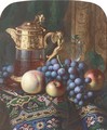 Still life of apples, a peach, grapes, a ewer and a glass, on a draped table - Charles H. Slater