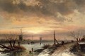 Figures at a frozen Dutch waterway, dusk - Charles Henri Joseph Leickert